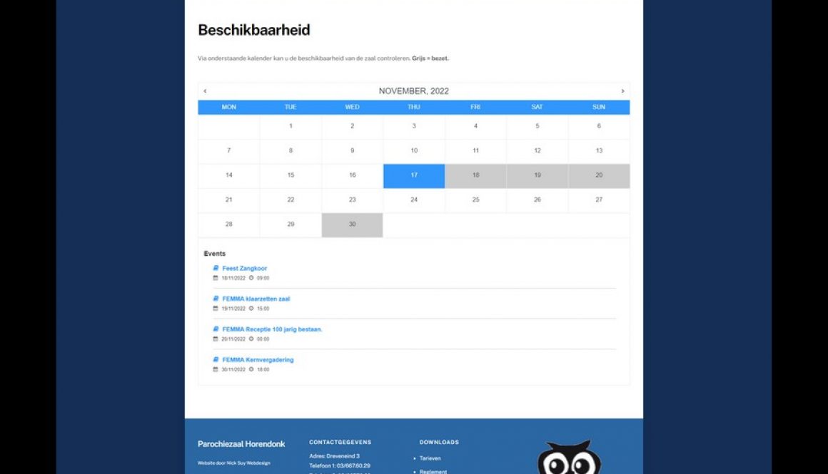 Bezoek de kalender op de website van Parochiezaal Horendonk - Een realisatie van Nick Suy Webdesign